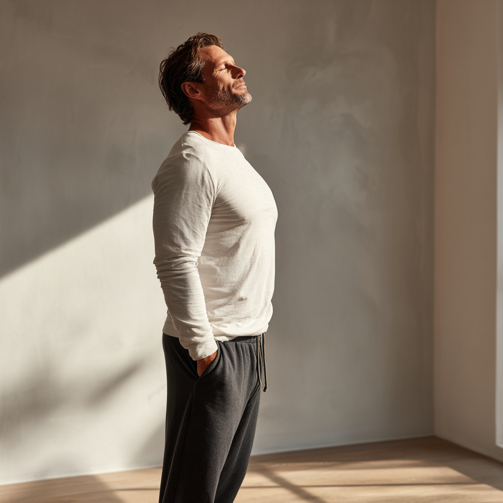 Focused European woman in her 30s in meditation pose before workout, concentrated expression, studio lighting, realistic photography style