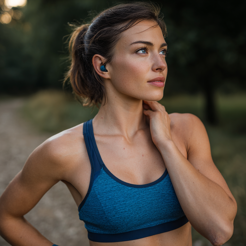 European fitness enthusiast in their 30s doing strength exercise, muscular definition visible, dynamic movement, realistic sports photography style